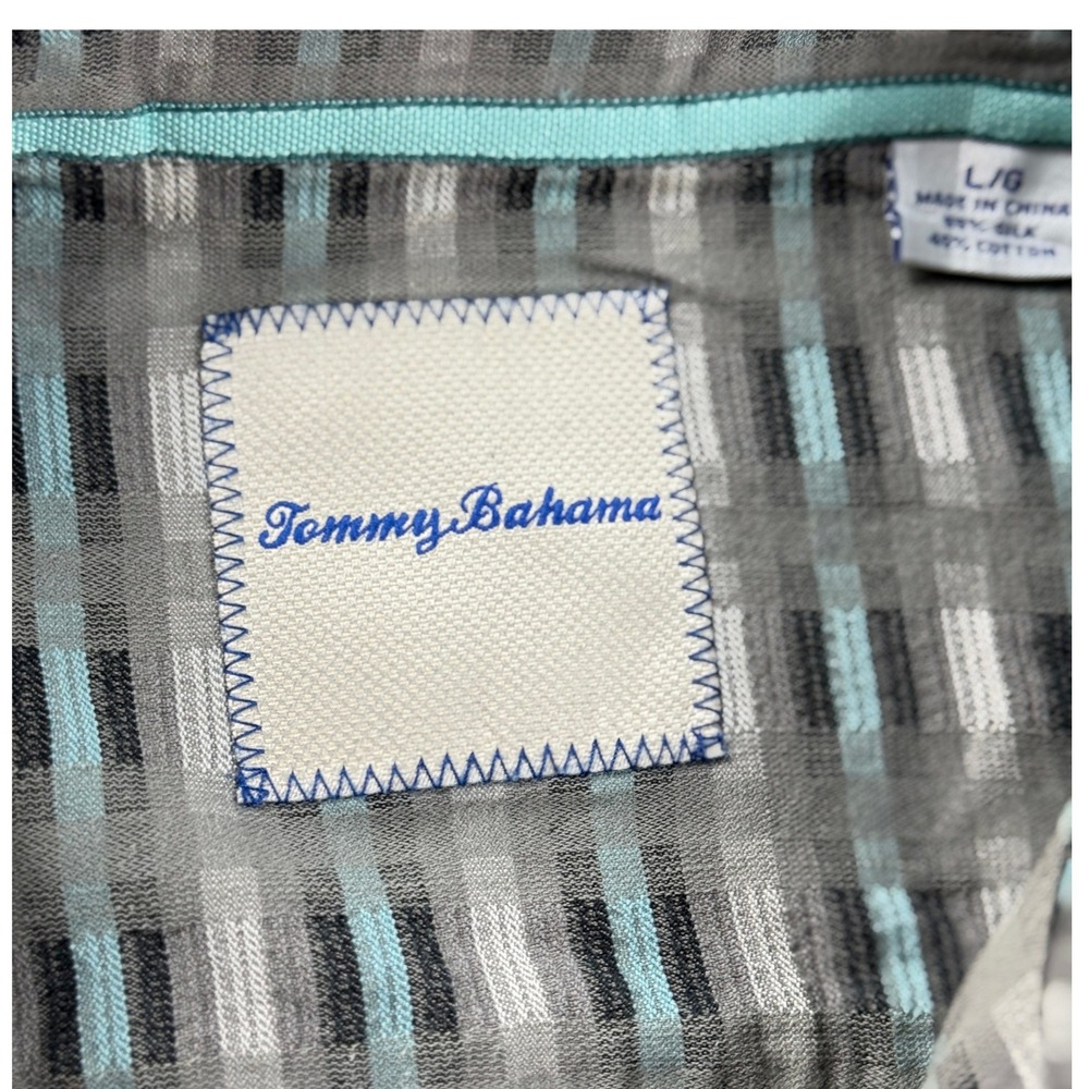Tommy Bahama Mens Camp Shirt Large Gray Geometric Print Heritage Silk Cotton - Picture 8 of 11